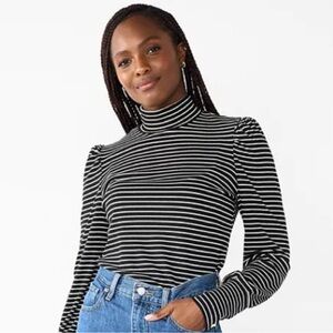 XL Draper James RSVP Striped Mock Neck Puff Shoulder Long Sleeve Top